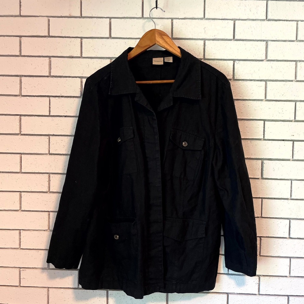 Massini Black Linen Blend Utility Jacket Chore Coat Plus Size 18W